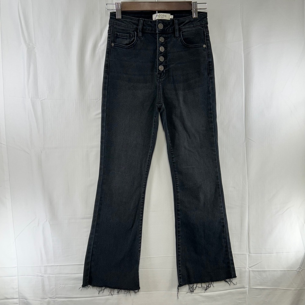 Hidden Jeans Kick Flare Women 26 Black High Rise Button Fly Raw Hem HD3811C-BLK